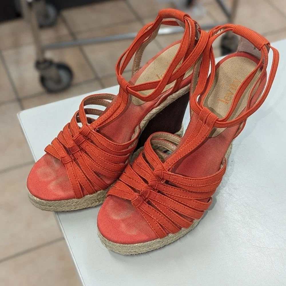 Boho Coastal Y2K‎ Resort Chich Orange Izzy Espadrille Wedge Sandals Levity 7M